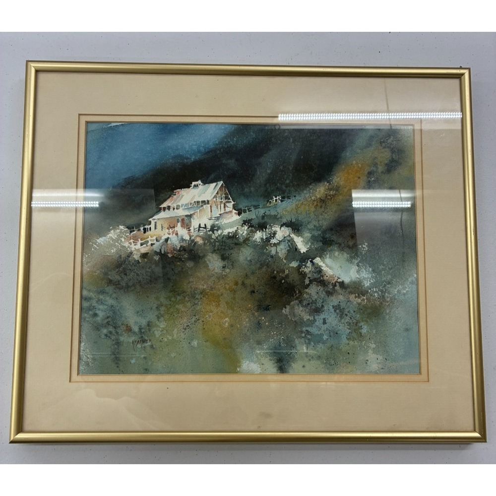 Original Watercolor Painting Barn Farm Landscape Signed M Farmer Framed Matted